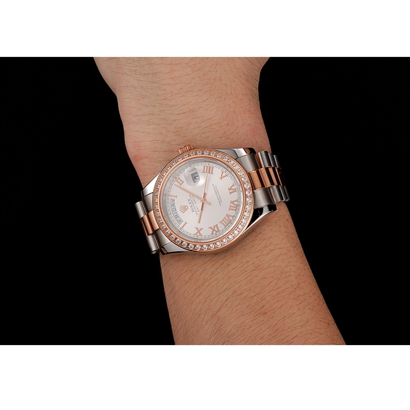MiroTime 0817 Swiss Rolex Day-Date Diamonds Bezel White Dial Rose Gold And Staineless Steel Bracelet 1454108